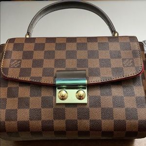 Brown checkered top handle/crossbody bag
